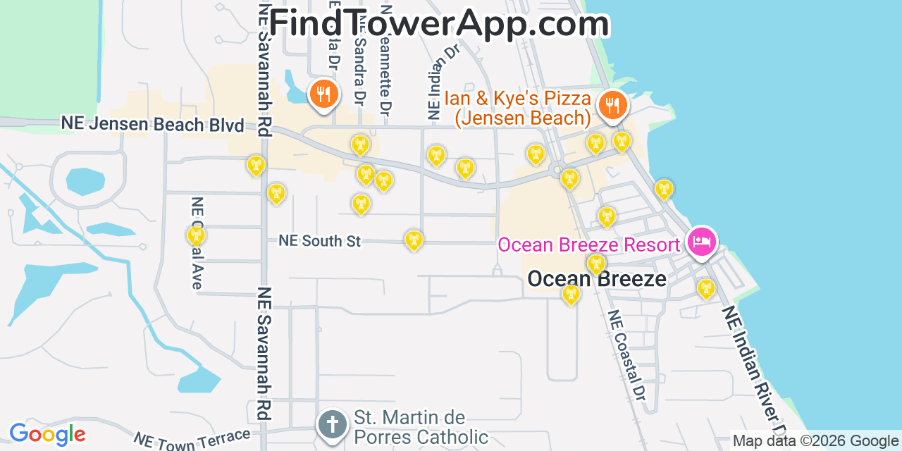 Map showing the 20 primary cell tower locations detected in Jensen Beach, Florida from AT&T, Verizon, and T-Mobile networks