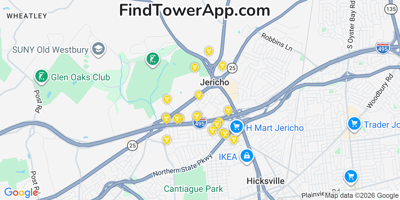Map showing the 20 primary cell tower locations detected in Jericho, New York from AT&T, Verizon, and T-Mobile networks