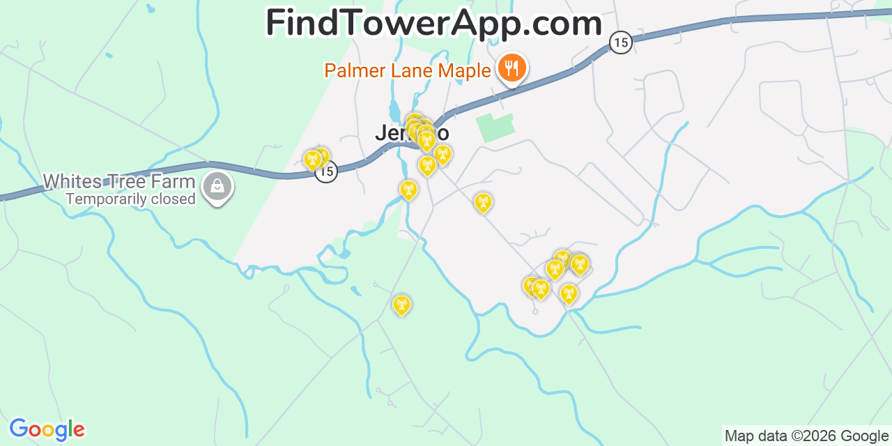 Map showing the 20 primary cell tower locations detected in Jericho, Vermont from AT&T, Verizon, and T-Mobile networks