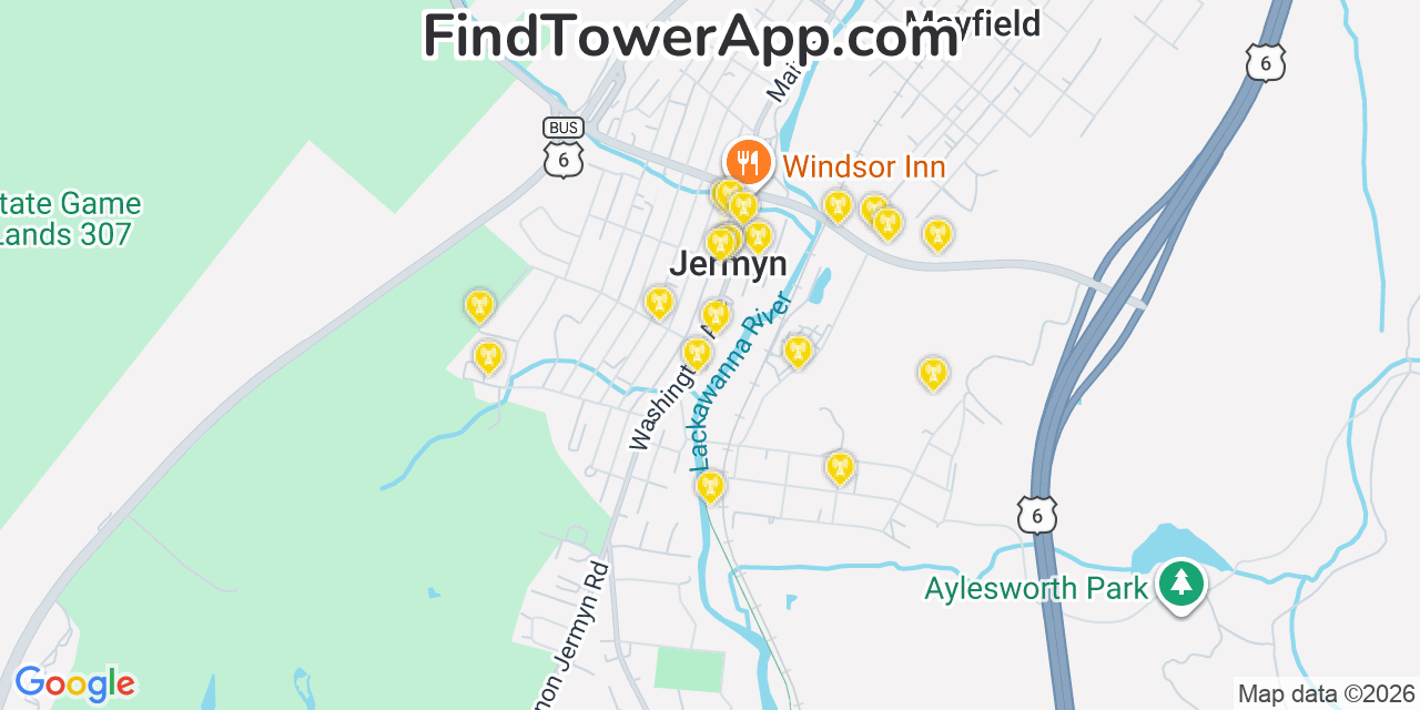 Map showing the 20 primary cell tower locations detected in Jermyn, Pennsylvania from AT&T, Verizon, and T-Mobile networks