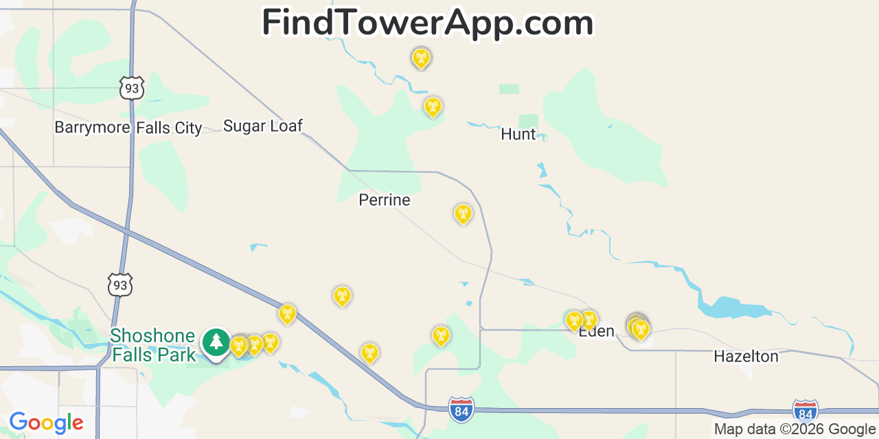 Map showing the 20 primary cell tower locations detected in Jerome, Idaho from AT&T, Verizon, and T-Mobile networks
