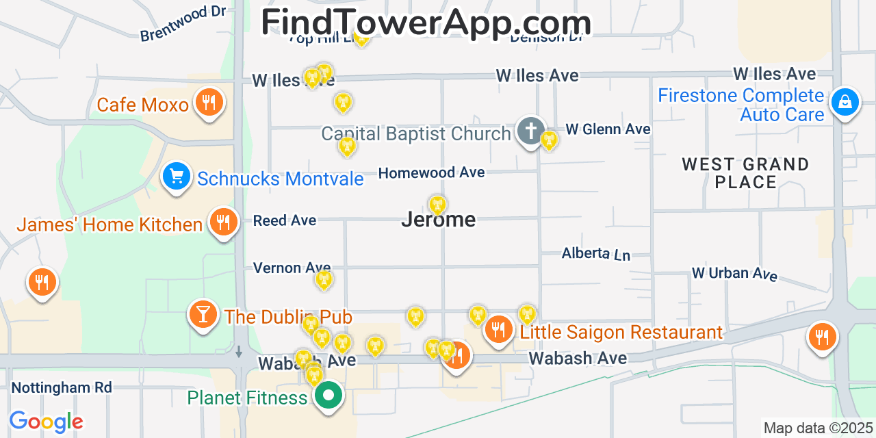 Map showing the 20 primary cell tower locations detected in Jerome, Illinois from AT&T, Verizon, and T-Mobile networks