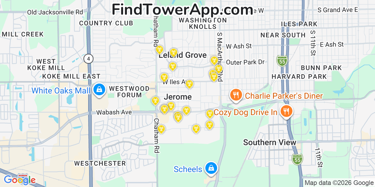 Map showing the 20 primary cell tower locations detected in Jerome, Illinois from AT&T, Verizon, and T-Mobile networks