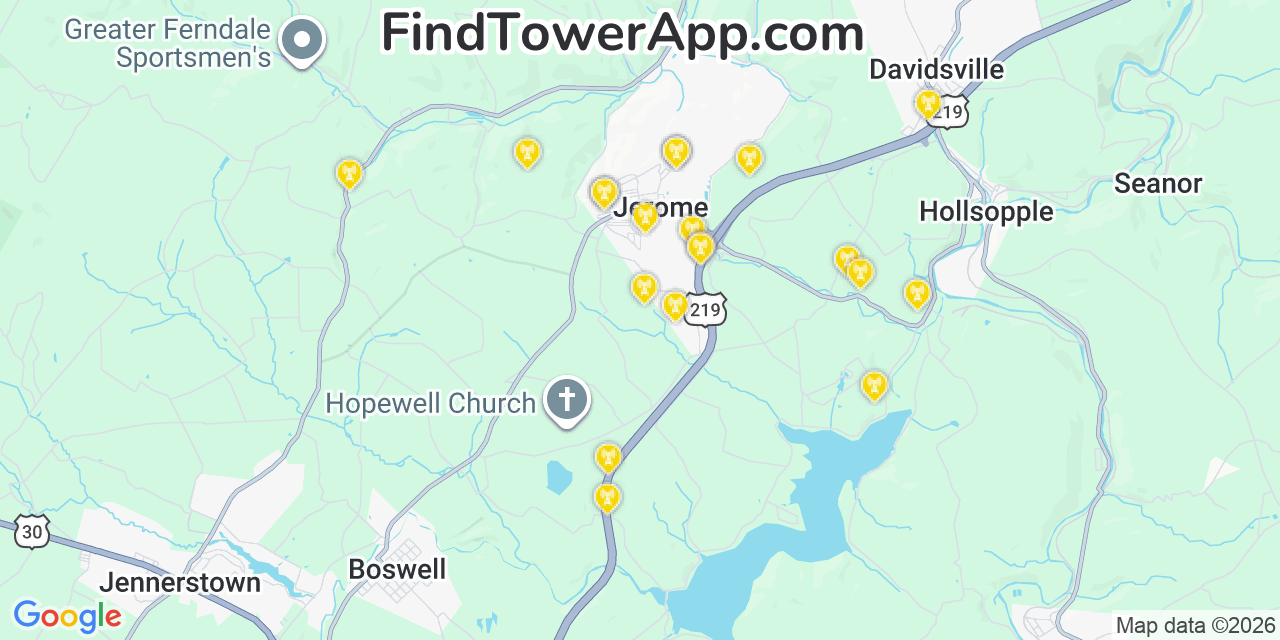 Map showing the 20 primary cell tower locations detected in Jerome, Pennsylvania from AT&T, Verizon, and T-Mobile networks