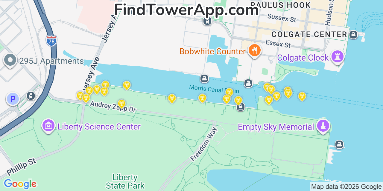 Map showing the 20 primary cell tower locations detected in Jersey City, New Jersey from AT&T, Verizon, and T-Mobile networks