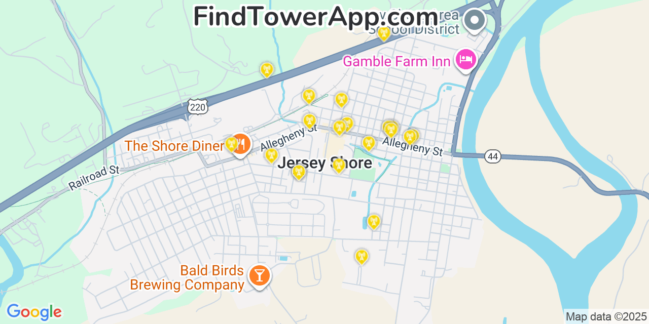 Map showing the 20 primary cell tower locations detected in Jersey Shore, Pennsylvania from AT&T, Verizon, and T-Mobile networks