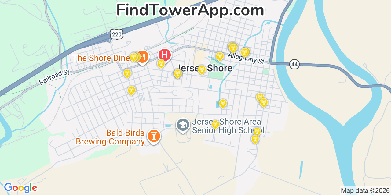 Map showing the 20 primary cell tower locations detected in Jersey Shore, Pennsylvania from AT&T, Verizon, and T-Mobile networks