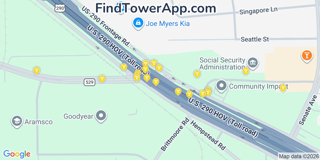 Map showing the 20 primary cell tower locations detected in Jersey Village, Texas from AT&T, Verizon, and T-Mobile networks
