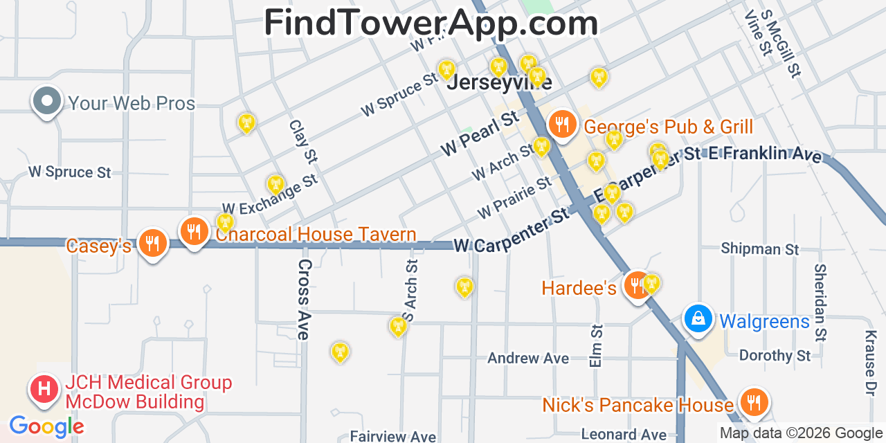 Map showing the 20 primary cell tower locations detected in Jerseyville, Illinois from AT&T, Verizon, and T-Mobile networks