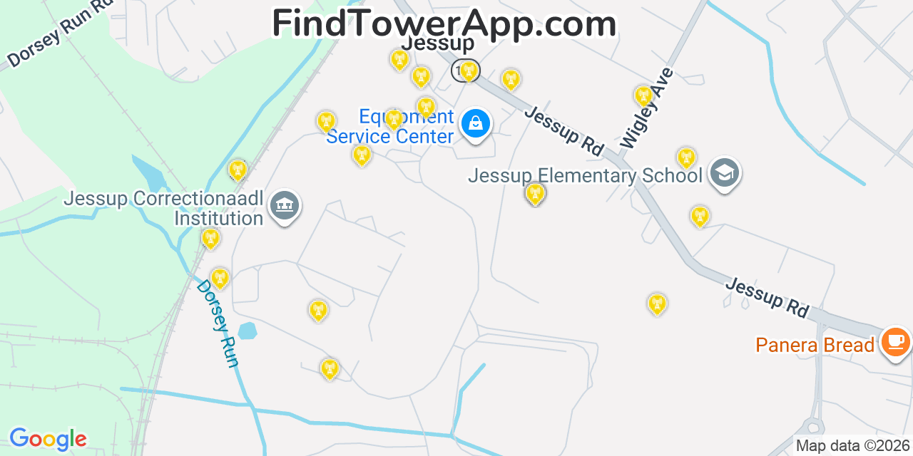 Map showing the 20 primary cell tower locations detected in Jessup, Maryland from AT&T, Verizon, and T-Mobile networks