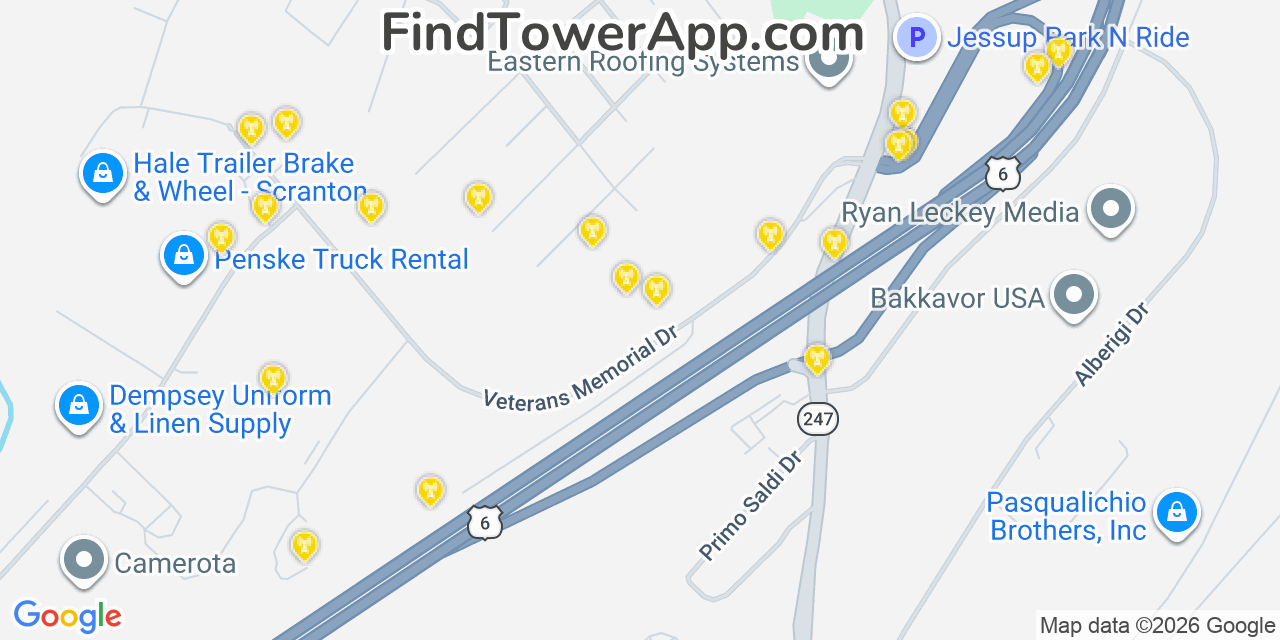 Map showing the 20 primary cell tower locations detected in Jessup, Pennsylvania from AT&T, Verizon, and T-Mobile networks