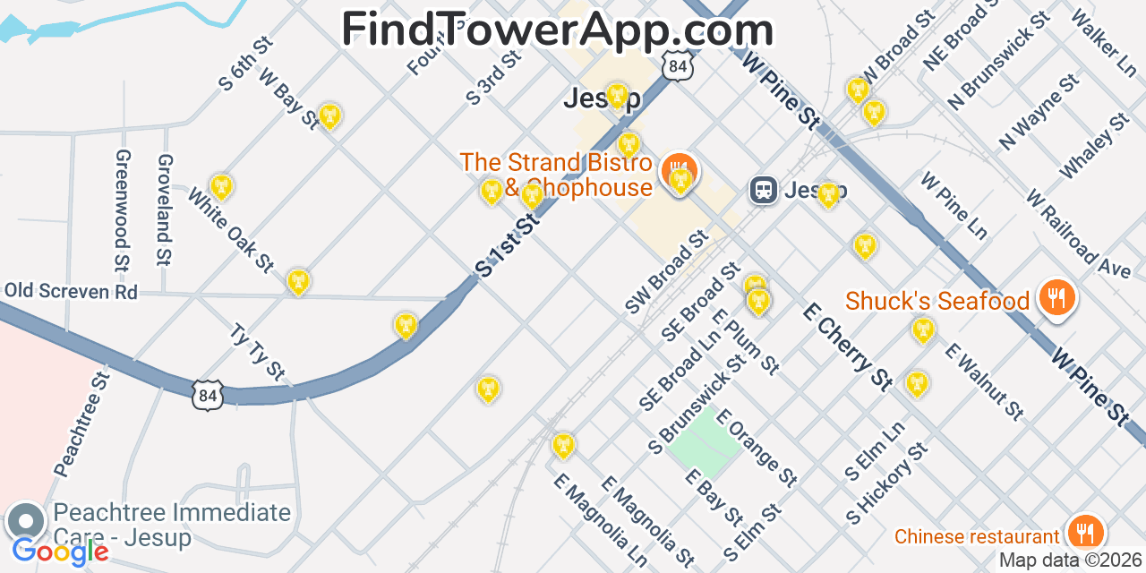 Map showing the 20 primary cell tower locations detected in Jesup, Georgia from AT&T, Verizon, and T-Mobile networks