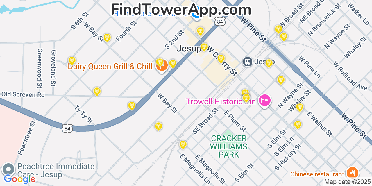 Map showing the 20 primary Mobitel cell tower locations detected in Jesup, Georgia with coverage radius and signal strength indicators