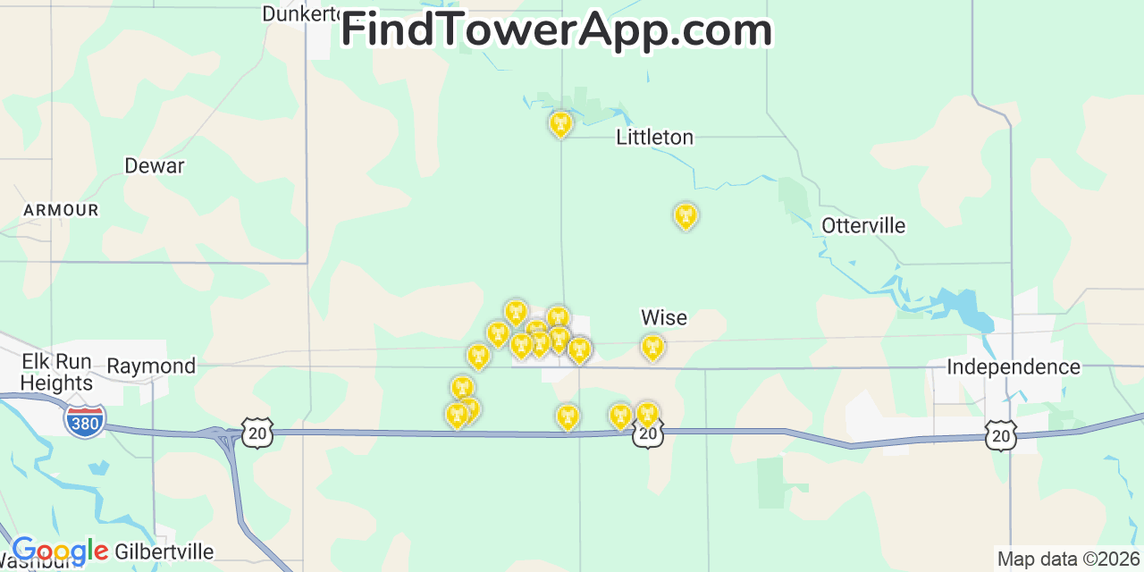 Map showing the 20 primary cell tower locations detected in Jesup, Iowa from AT&T, Verizon, and T-Mobile networks