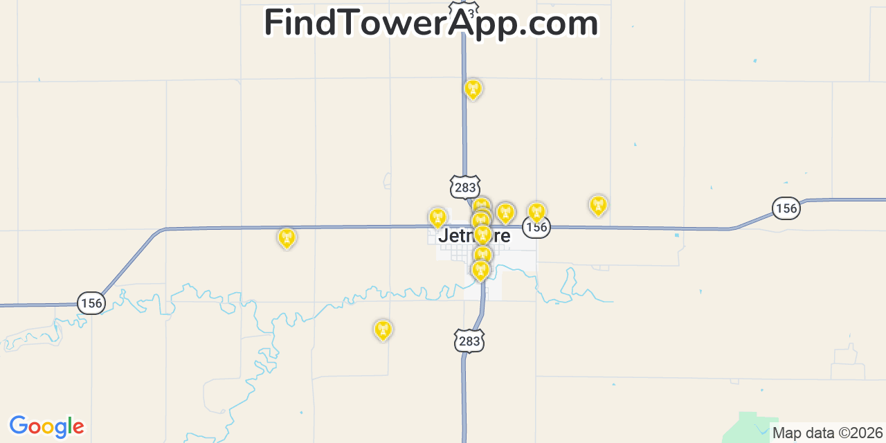 Map showing the 20 primary cell tower locations detected in Jetmore, Kansas from AT&T, Verizon, and T-Mobile networks