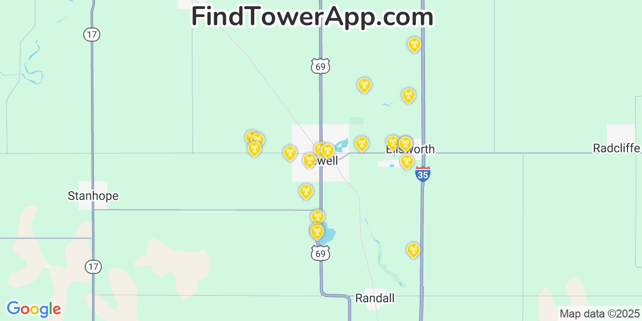 Map showing the 20 primary cell tower locations detected in Jewell, Iowa from AT&T, Verizon, and T-Mobile networks
