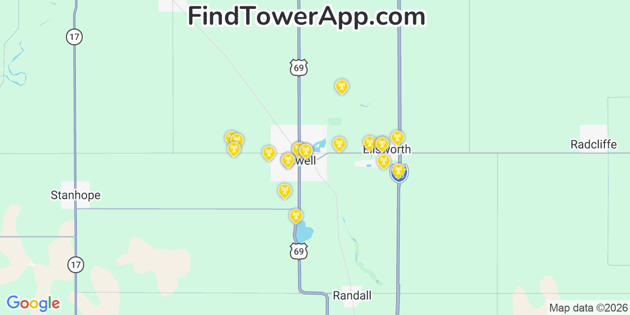 Map showing the 20 primary cell tower locations detected in Jewell, Iowa from AT&T, Verizon, and T-Mobile networks