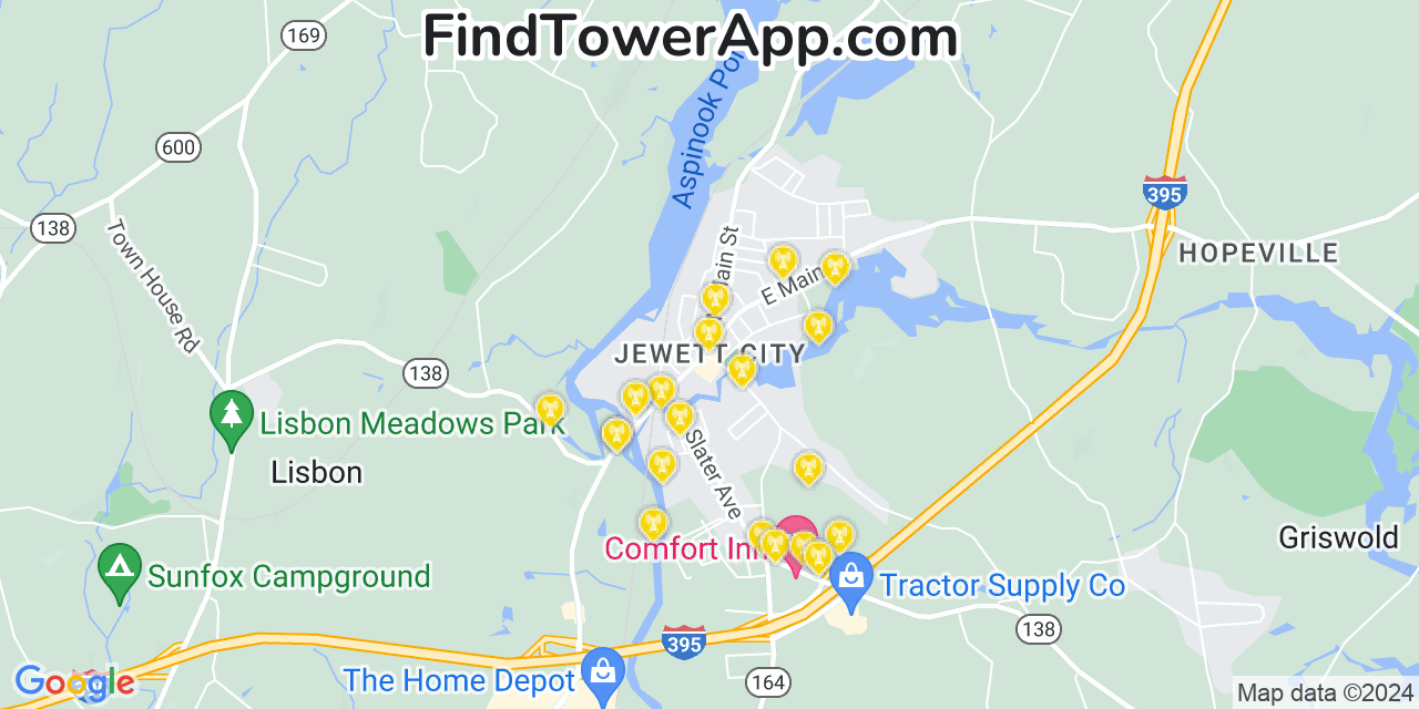 AT&T 4G/5G cell tower coverage map Jewett City, Connecticut