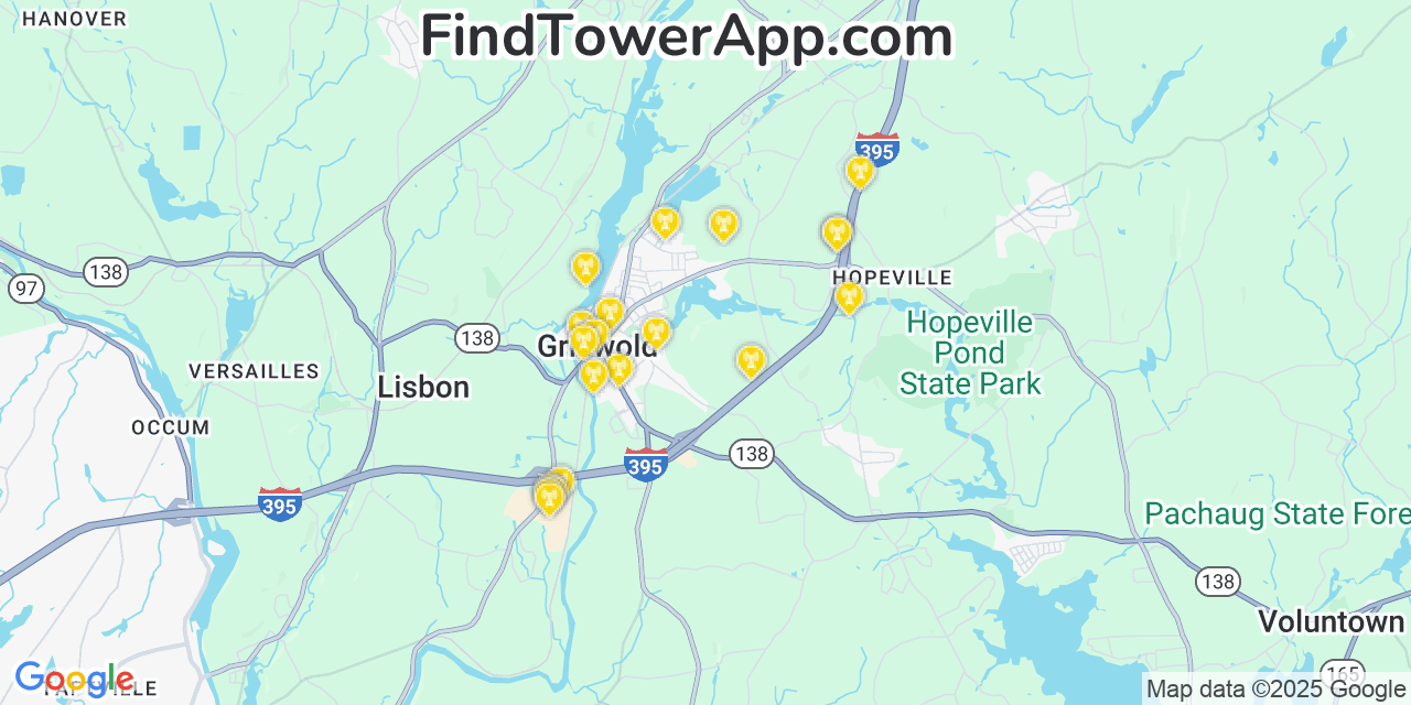 Map showing the 20 primary cell tower locations detected in Jewett City, Connecticut from AT&T, Verizon, and T-Mobile networks
