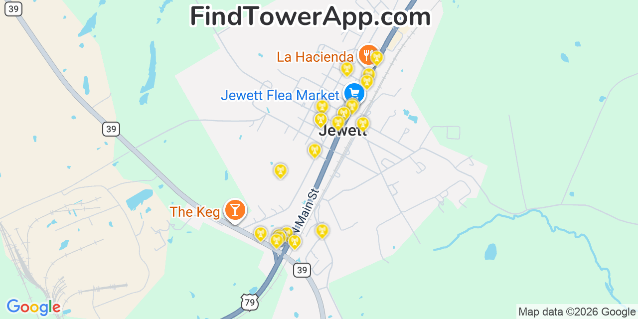 Map showing the 20 primary cell tower locations detected in Jewett, Texas from AT&T, Verizon, and T-Mobile networks