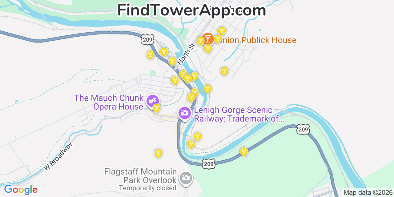 Map showing the 20 primary cell tower locations detected in Jim Thorpe, Pennsylvania from AT&T, Verizon, and T-Mobile networks