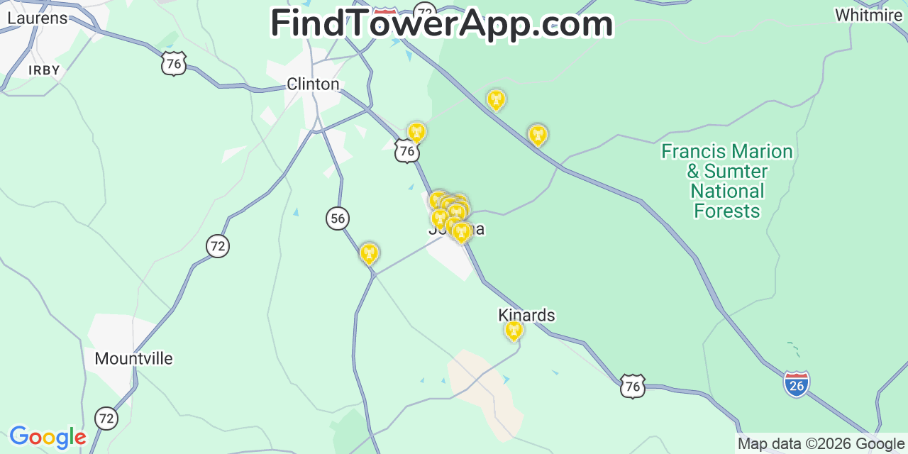 Map showing the 20 primary cell tower locations detected in Joanna, South Carolina from AT&T, Verizon, and T-Mobile networks
