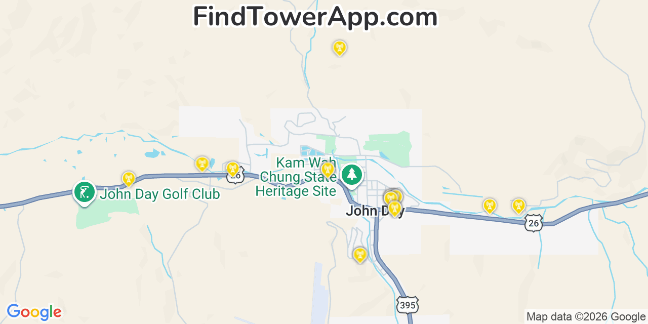 Map showing the 20 primary cell tower locations detected in John Day, Oregon from AT&T, Verizon, and T-Mobile networks
