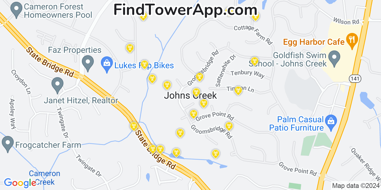 AT&T 4G/5G cell tower coverage map Johns Creek, Georgia