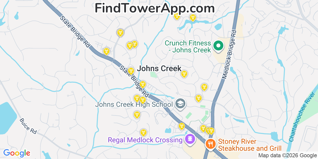 Map showing the 20 primary cell tower locations detected in Johns Creek, Georgia from AT&T, Verizon, and T-Mobile networks