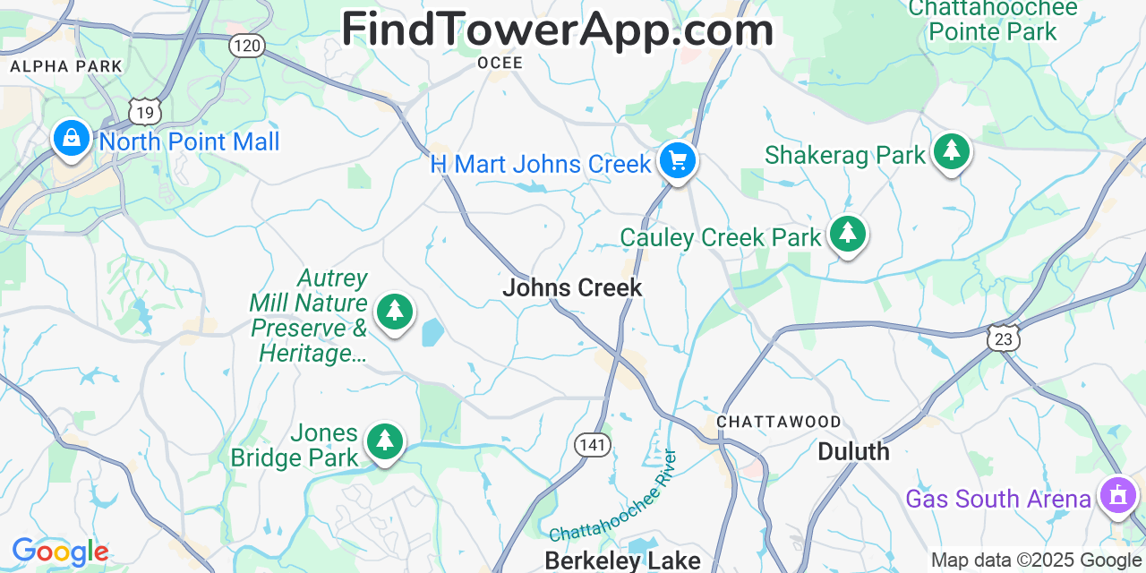 Map showing the 20 primary Mobitel cell tower locations detected in Johns Creek, Georgia with coverage radius and signal strength indicators