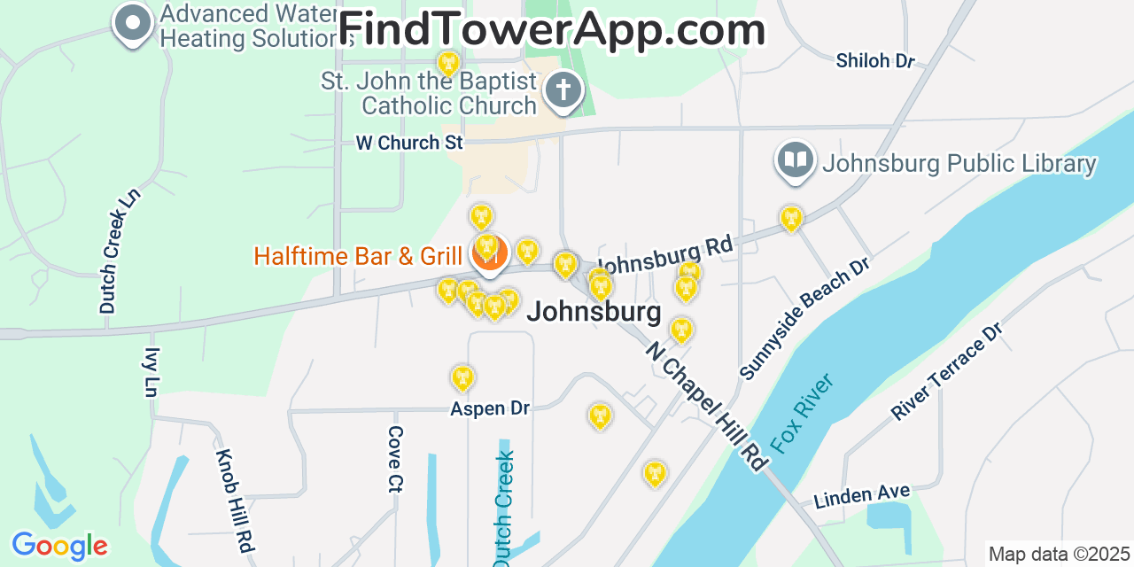 Map showing the 20 primary cell tower locations detected in Johnsburg, Illinois from AT&T, Verizon, and T-Mobile networks
