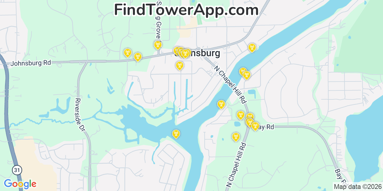 Map showing the 20 primary cell tower locations detected in Johnsburg, Illinois from AT&T, Verizon, and T-Mobile networks