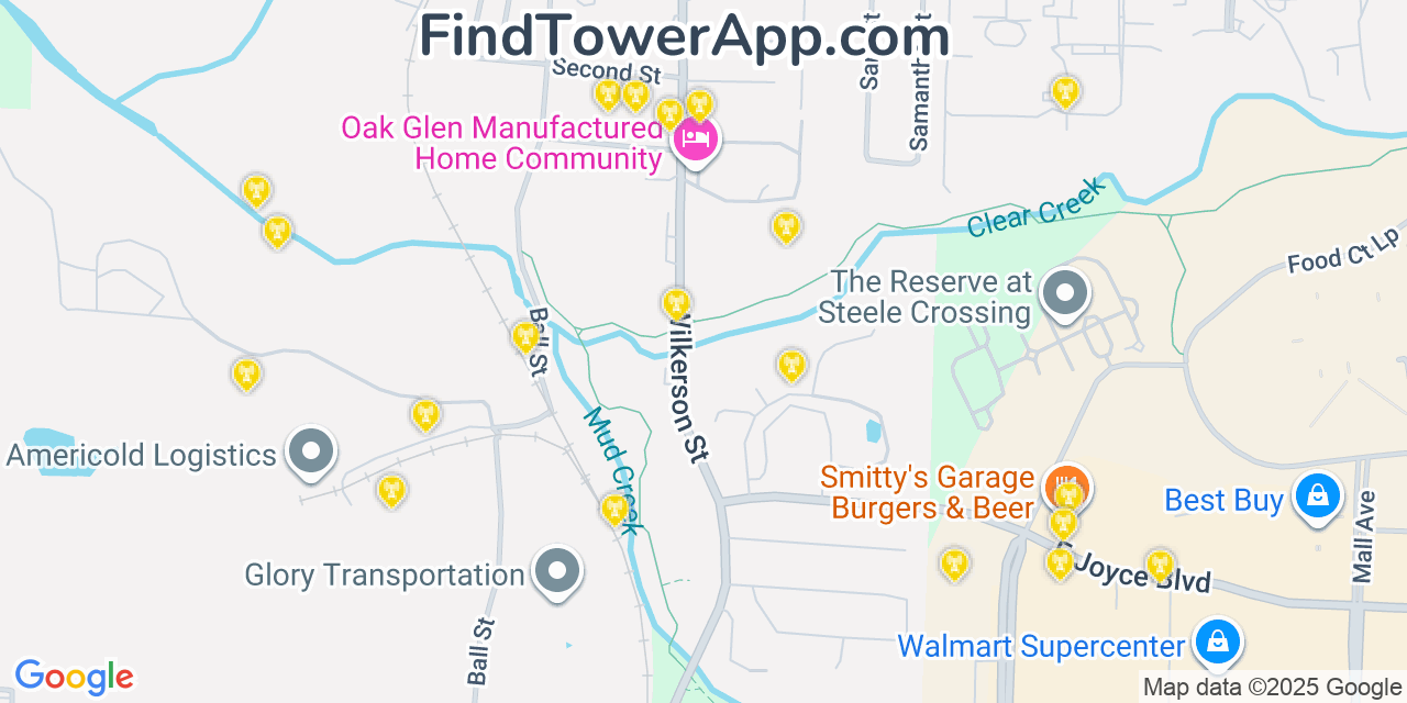 Map showing the 20 primary cell tower locations detected in Johnson, Arkansas from AT&T, Verizon, and T-Mobile networks