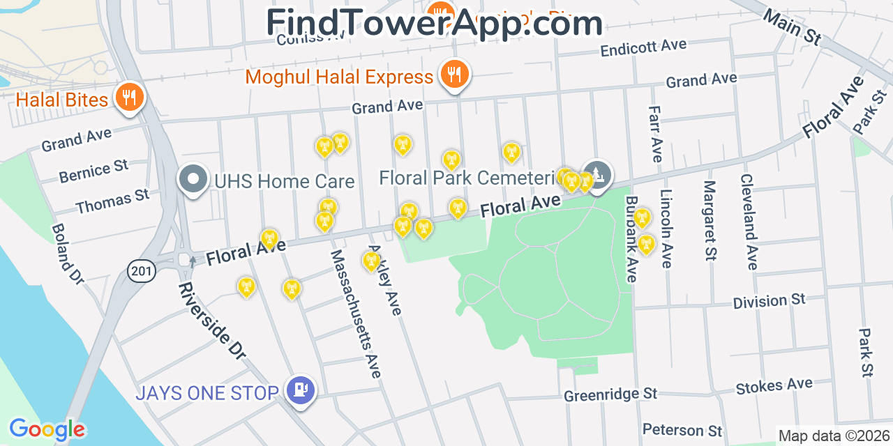 Map showing the 20 primary cell tower locations detected in Johnson City, New York from AT&T, Verizon, and T-Mobile networks