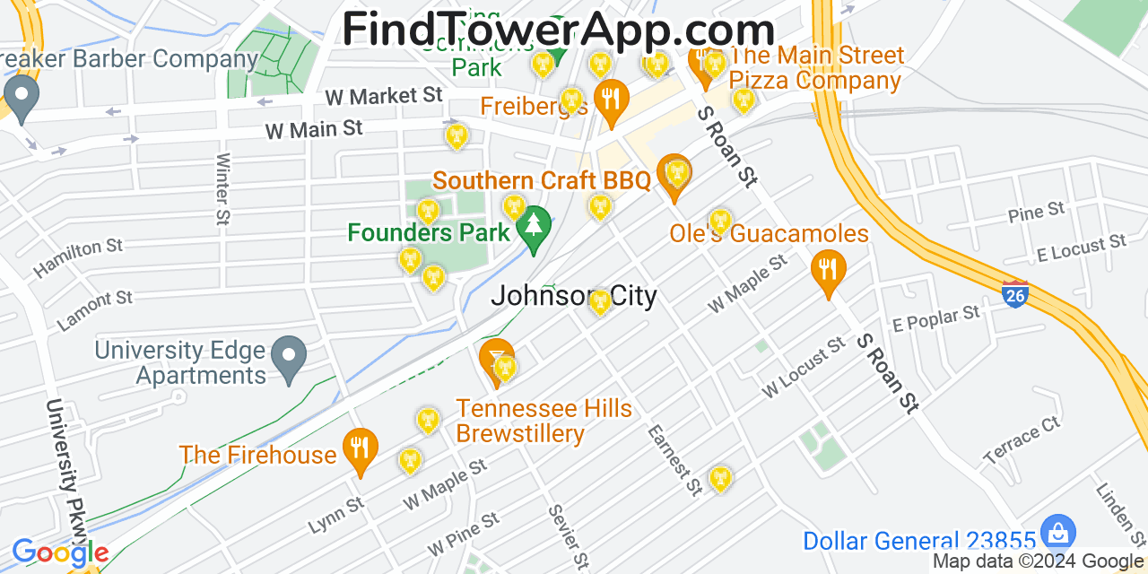 AT&T 4G/5G cell tower coverage map Johnson City, Tennessee