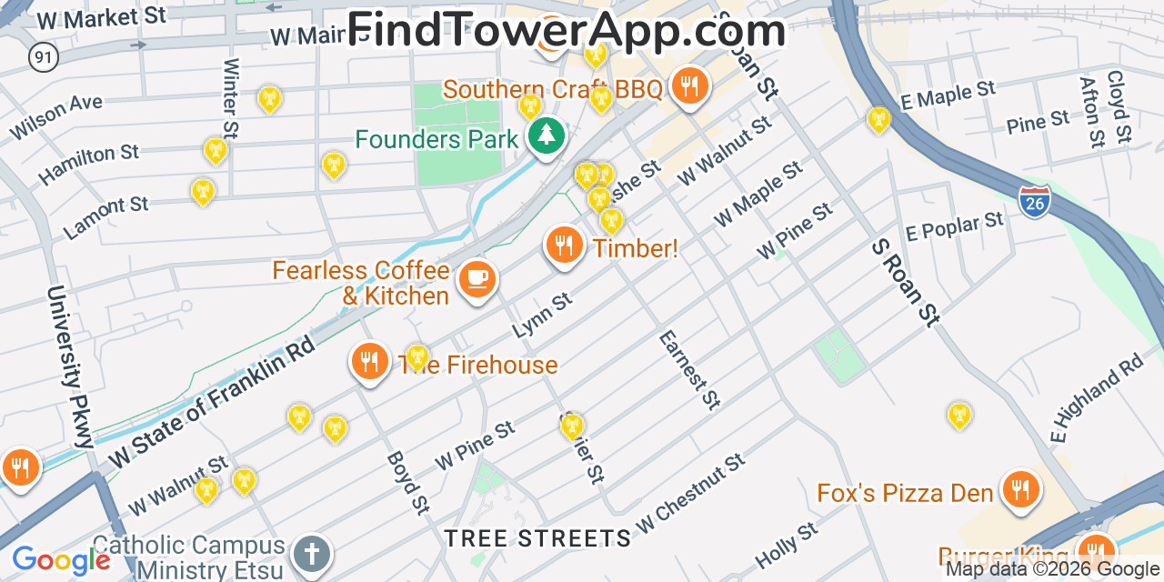 Map showing the 20 primary cell tower locations detected in Johnson City, Tennessee from AT&T, Verizon, and T-Mobile networks