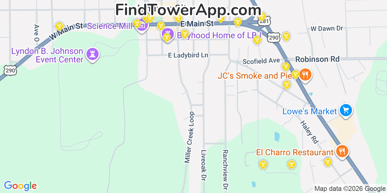 Map showing the 20 primary cell tower locations detected in Johnson City, Texas from AT&T, Verizon, and T-Mobile networks