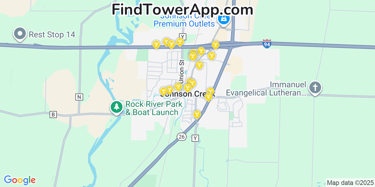 Map showing the 20 primary cell tower locations detected in Johnson Creek, Wisconsin from AT&T, Verizon, and T-Mobile networks
