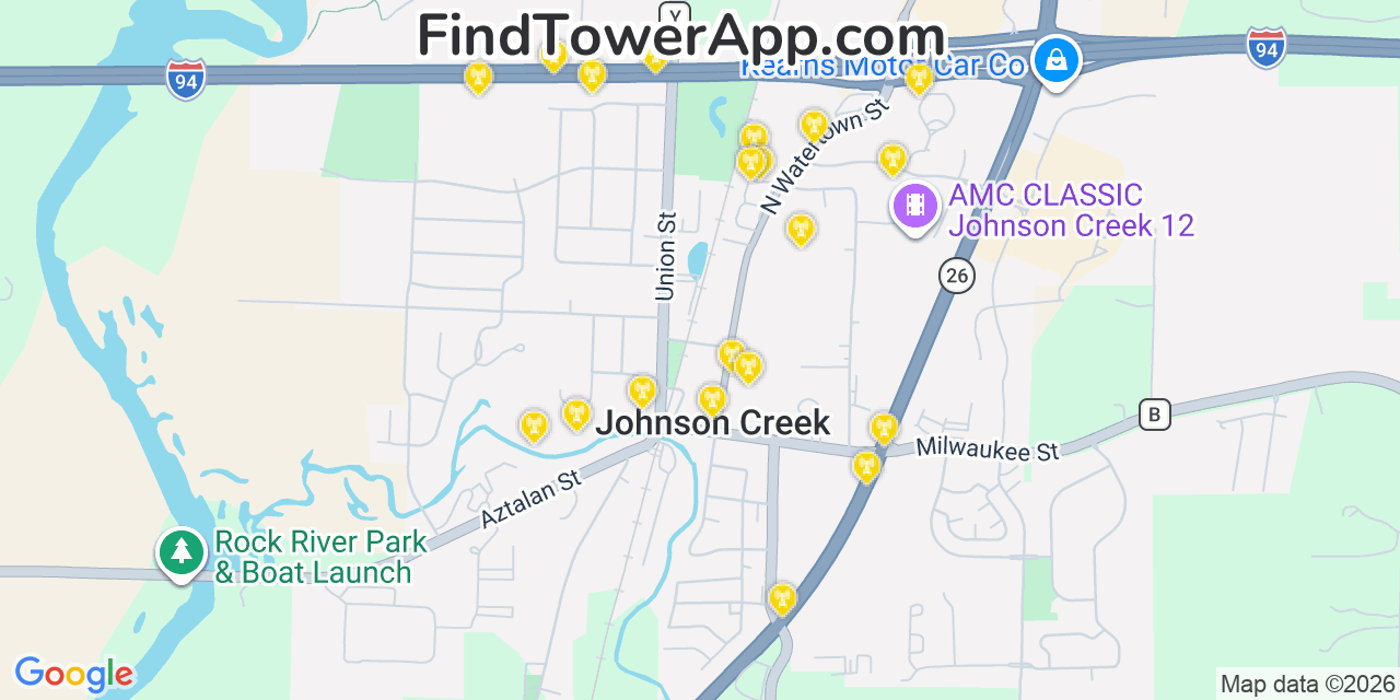 Map showing the 20 primary cell tower locations detected in Johnson Creek, Wisconsin from AT&T, Verizon, and T-Mobile networks