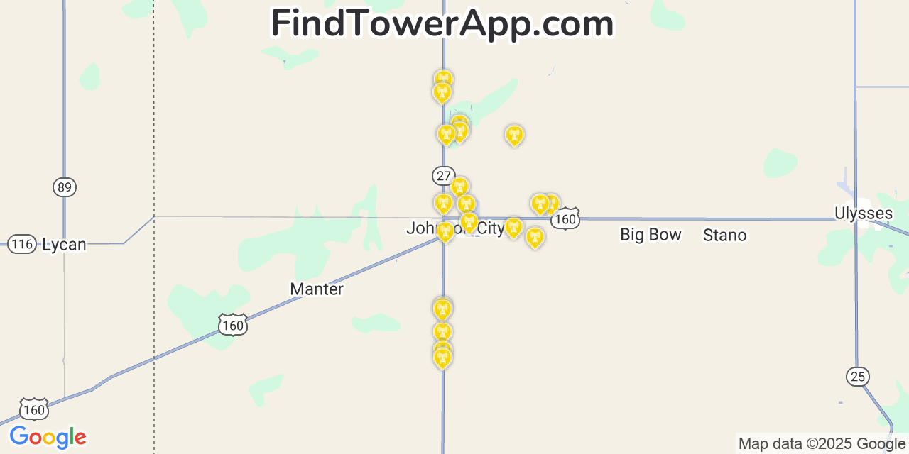 Map showing the 20 primary cell tower locations detected in Johnson, Kansas from AT&T, Verizon, and T-Mobile networks
