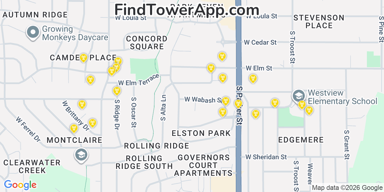 Map showing the 20 primary cell tower locations detected in Johnson, Kansas from AT&T, Verizon, and T-Mobile networks