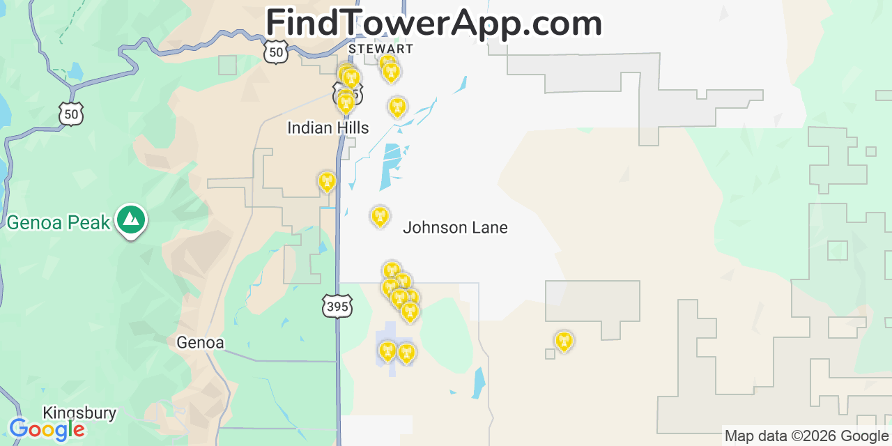 Map showing the 20 primary cell tower locations detected in Johnson Lane, Nevada from AT&T, Verizon, and T-Mobile networks