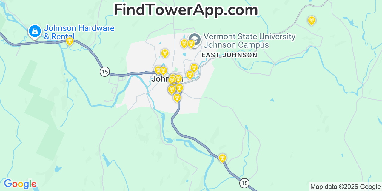Map showing the 20 primary cell tower locations detected in Johnson, Vermont from AT&T, Verizon, and T-Mobile networks
