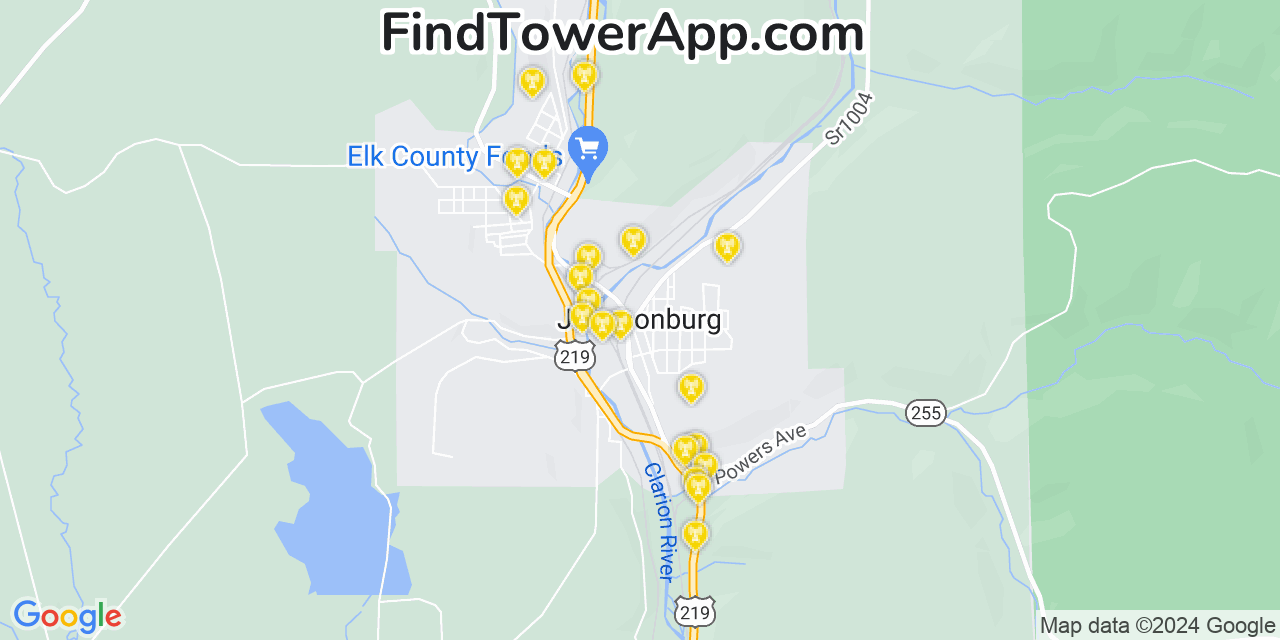 AT&T 4G/5G cell tower coverage map Johnsonburg, Pennsylvania