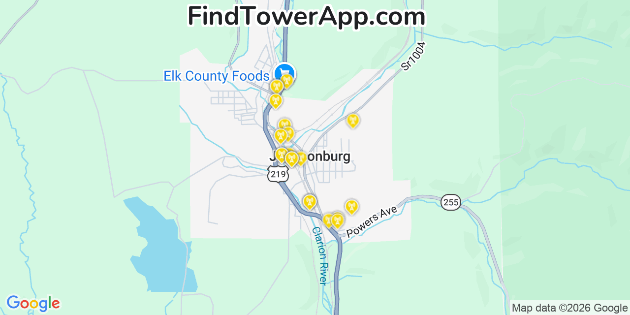 Map showing the 20 primary cell tower locations detected in Johnsonburg, Pennsylvania from AT&T, Verizon, and T-Mobile networks