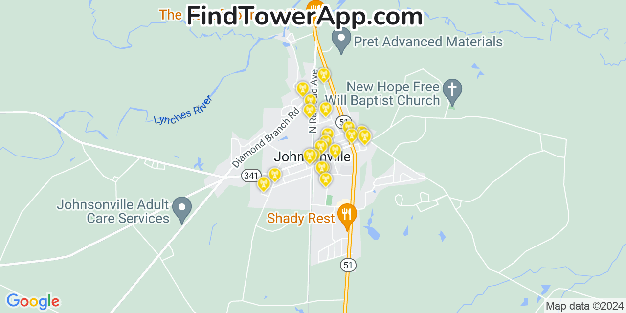 AT&T 4G/5G cell tower coverage map Johnsonville, South Carolina