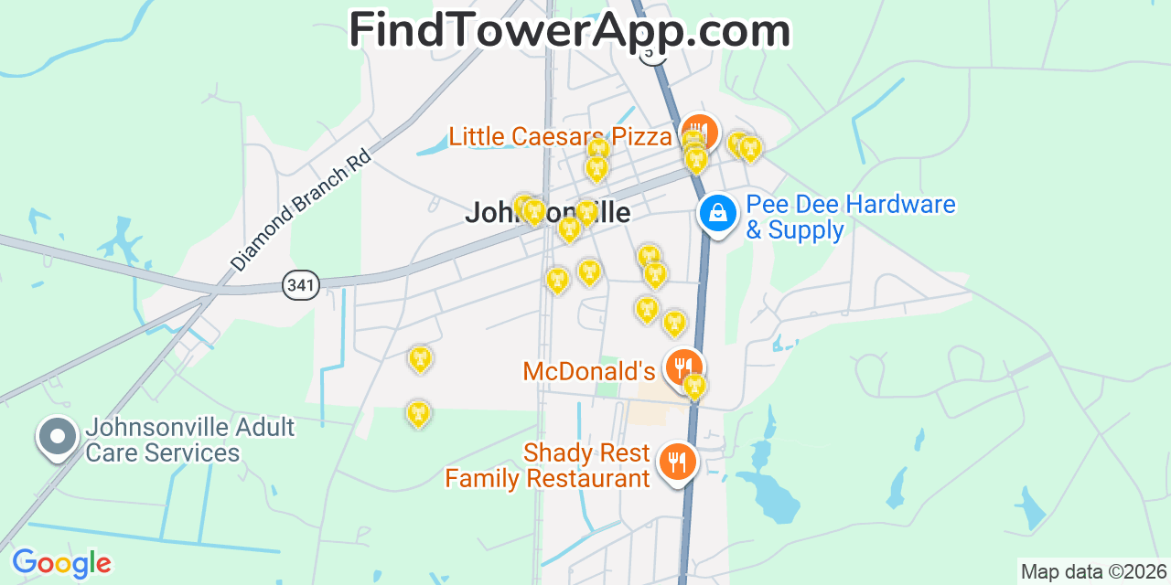 Map showing the 20 primary cell tower locations detected in Johnsonville, South Carolina from AT&T, Verizon, and T-Mobile networks