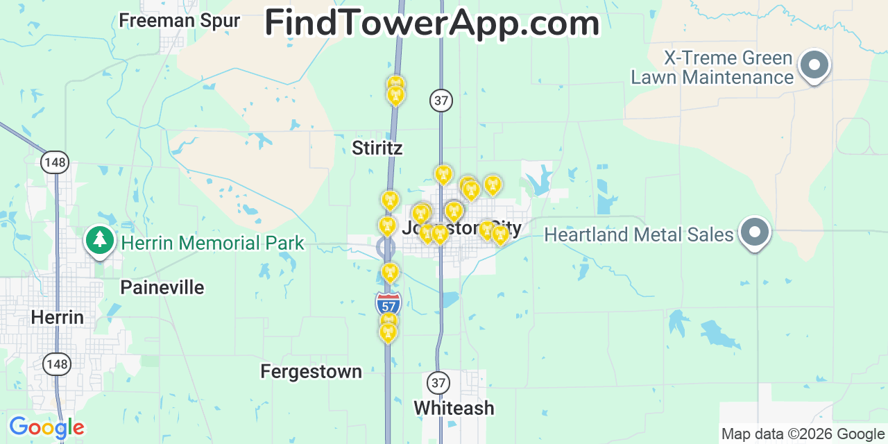 Map showing the 20 primary cell tower locations detected in Johnston City, Illinois from AT&T, Verizon, and T-Mobile networks