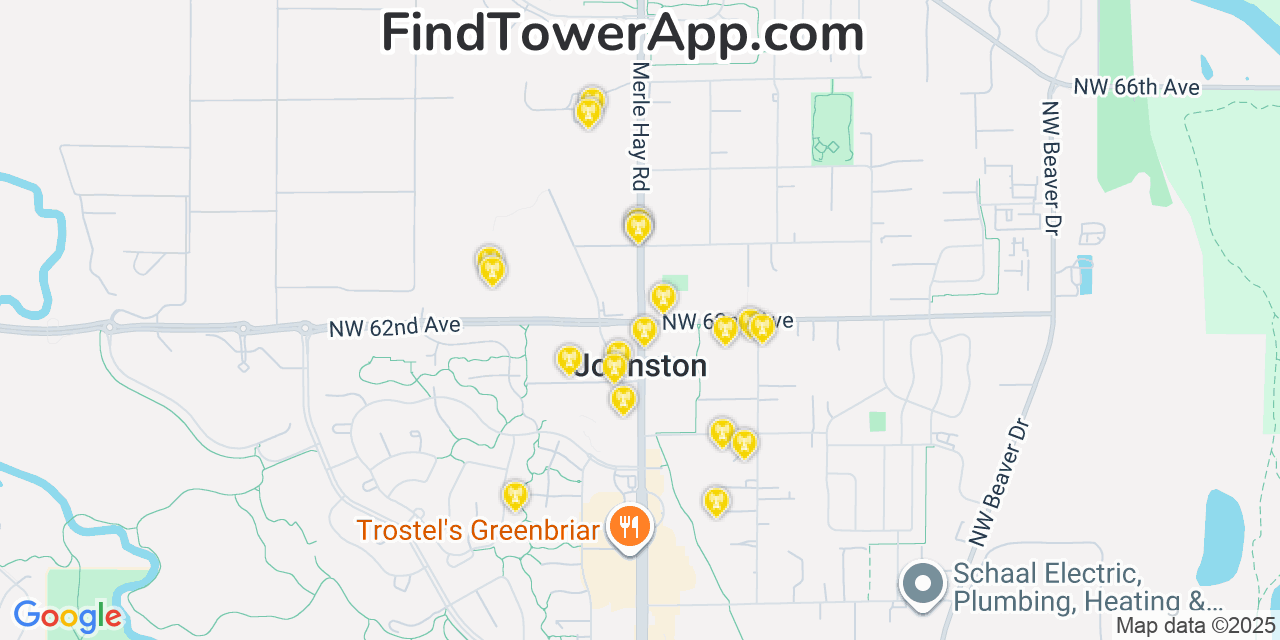 Map showing the 20 primary cell tower locations detected in Johnston, Iowa from AT&T, Verizon, and T-Mobile networks