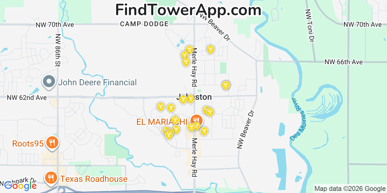 Map showing the 20 primary cell tower locations detected in Johnston, Iowa from AT&T, Verizon, and T-Mobile networks